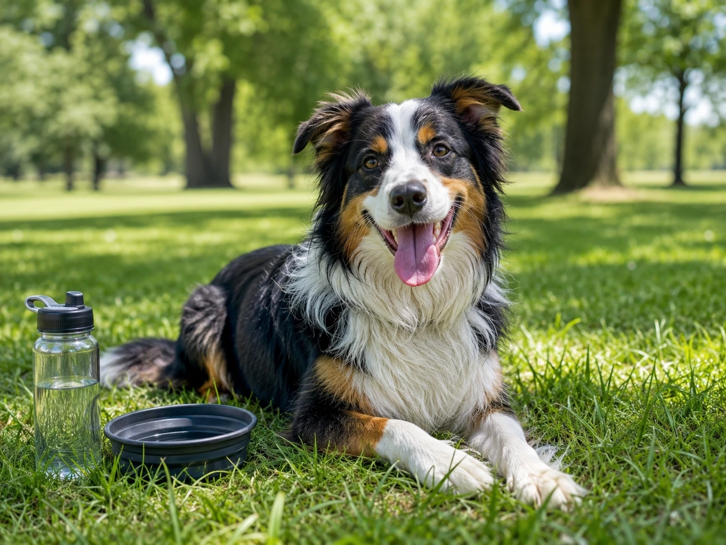 A happy dog panting after exercise, looking energetic and ready for water.