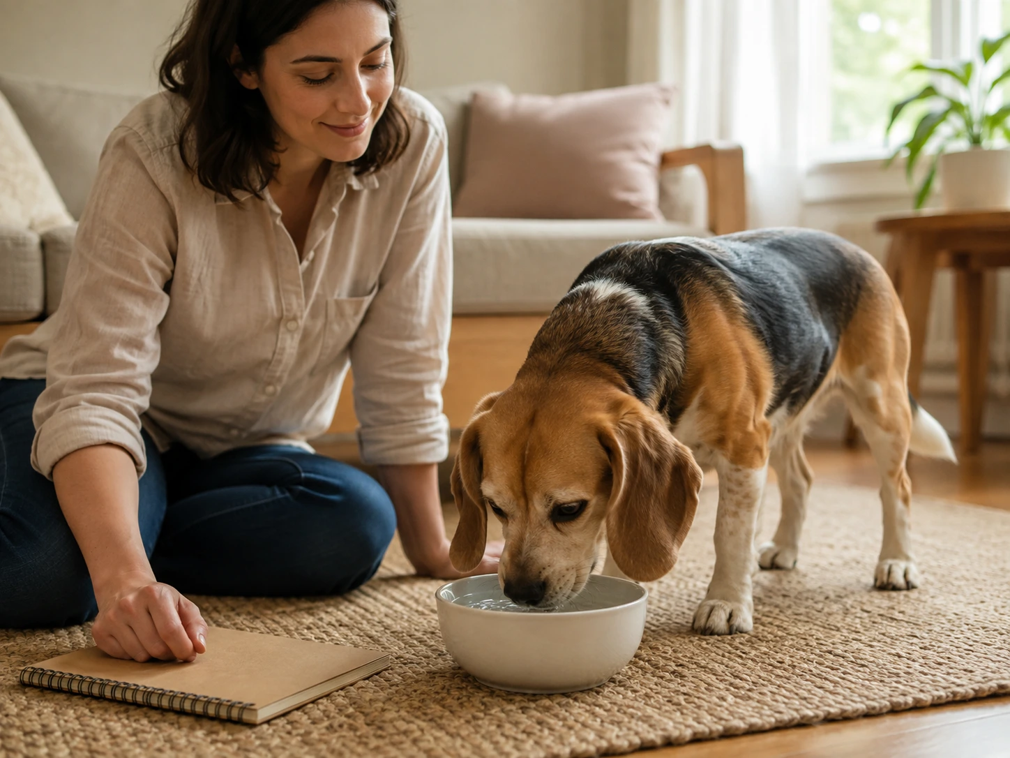 A person carefully observing their dog drinking water, indicating monitoring of intake.