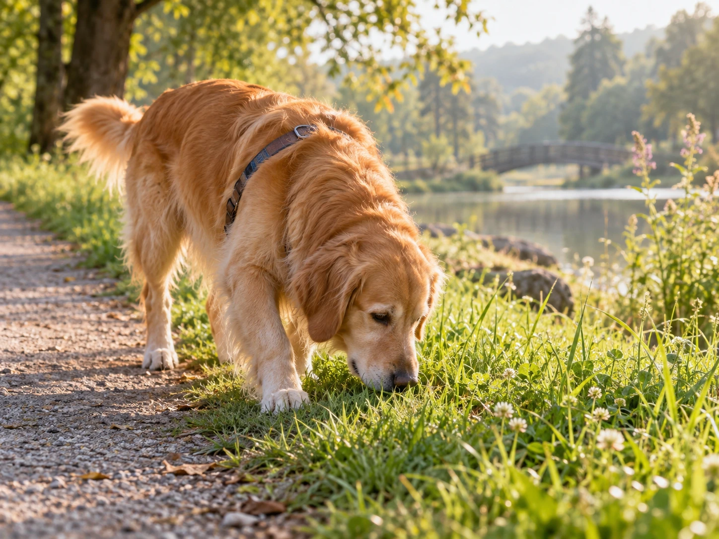 Dog sniffing near grass during a calm outdoor walk