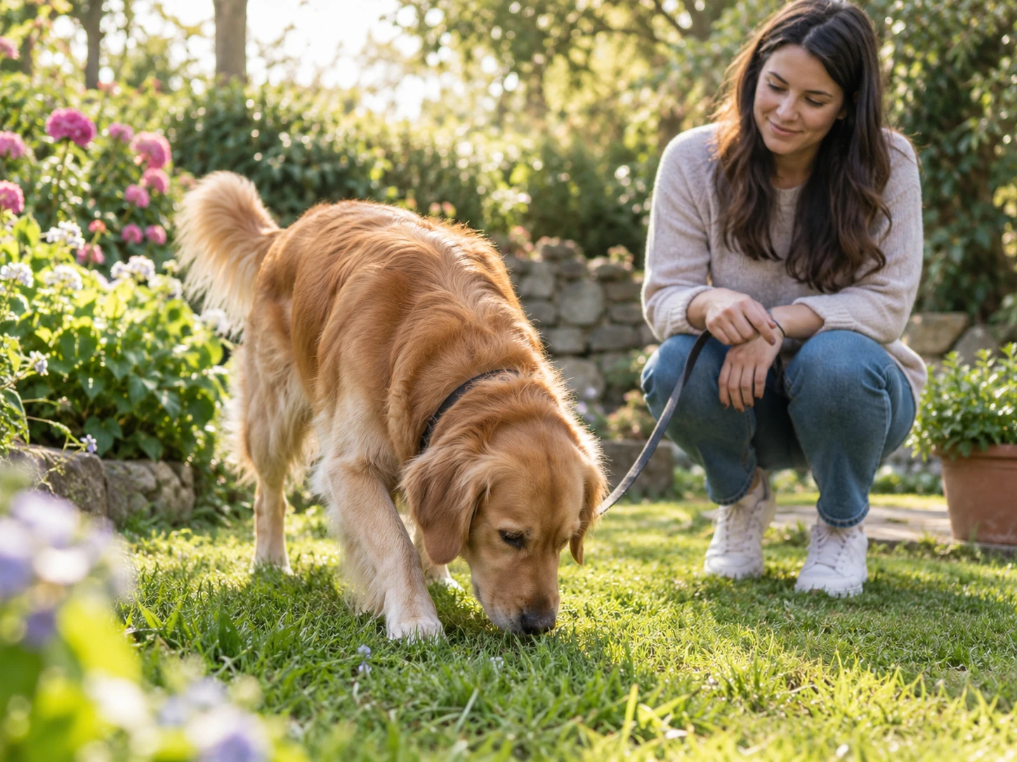 Dog exploring a garden while an owner observes nearby