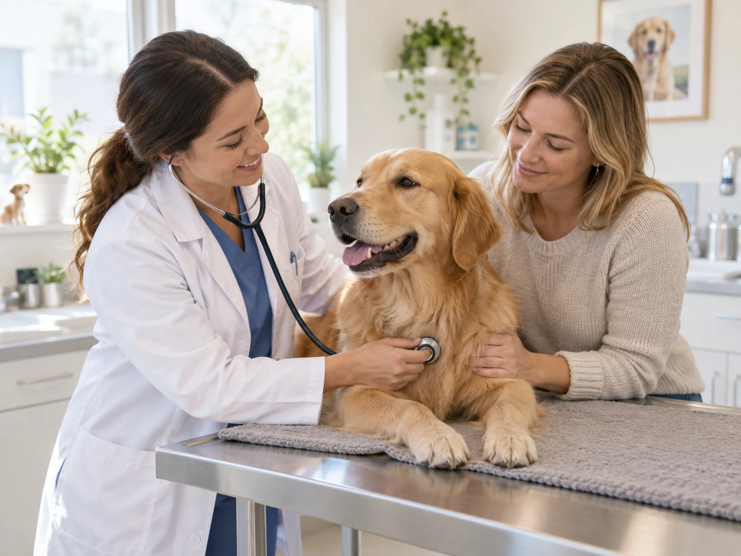 Veterinarian examining a dog with the owner nearby