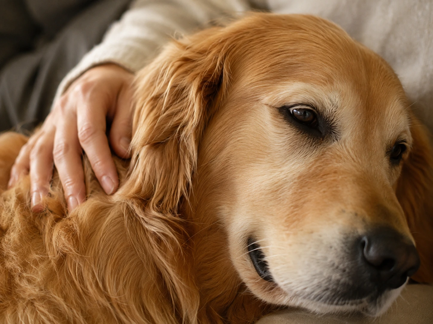 A golden retriever peacefully resting on a rug, with a human hand gently petting its head.