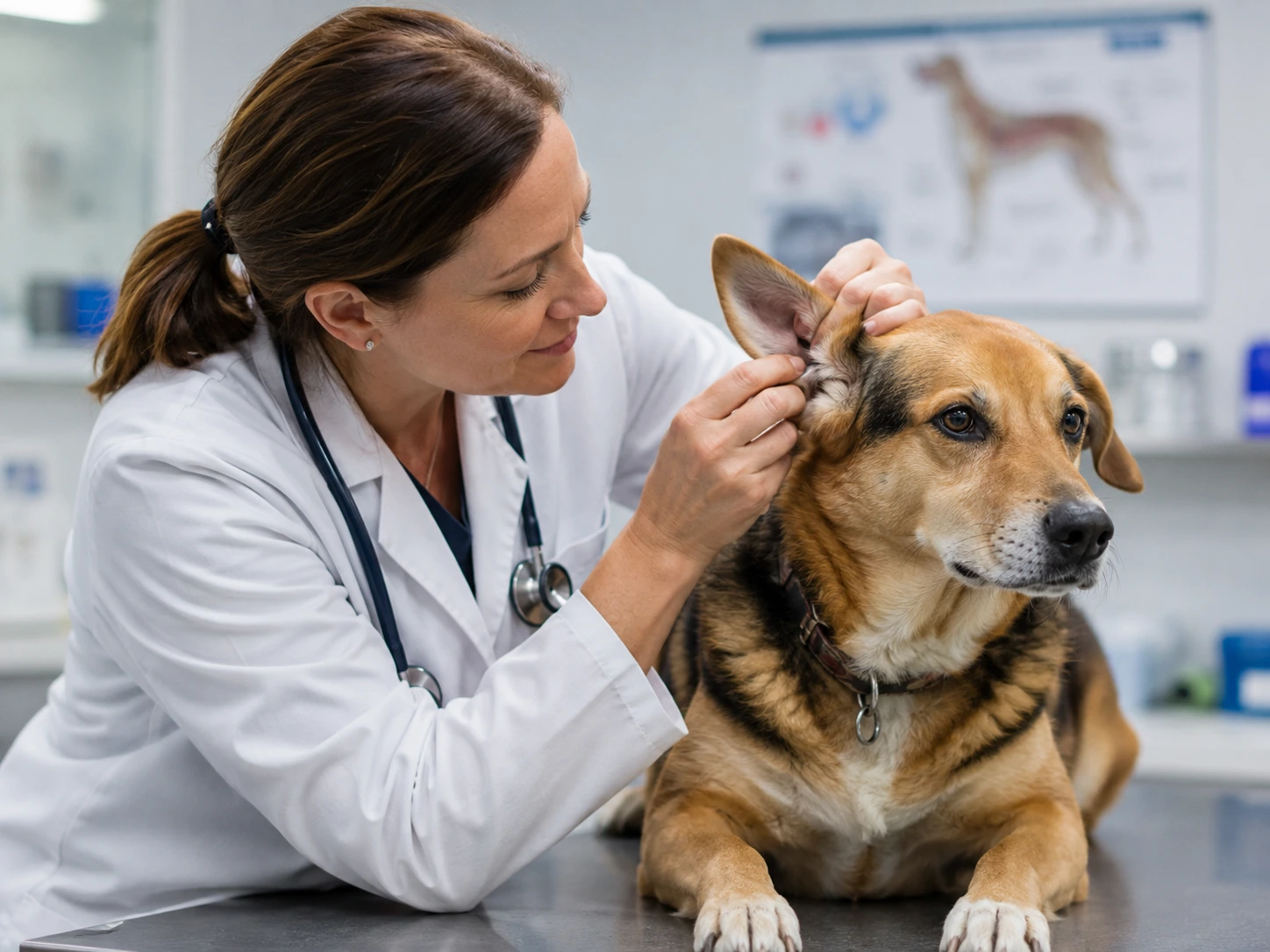 Veterinarian gently examining a dog's ear during a check-up.