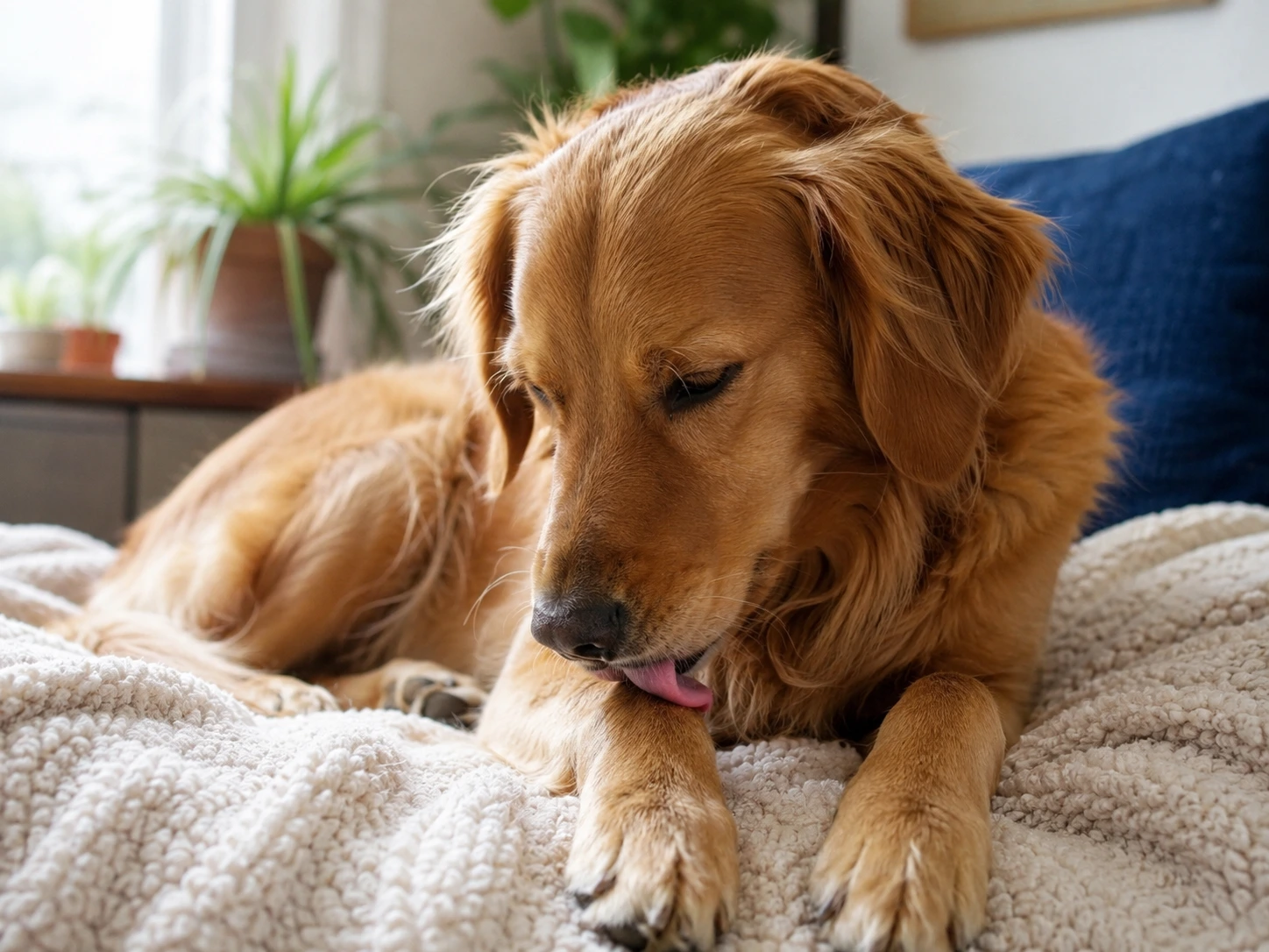 A healthy dog resting at home while gently licking one paw in a calm pet care setting