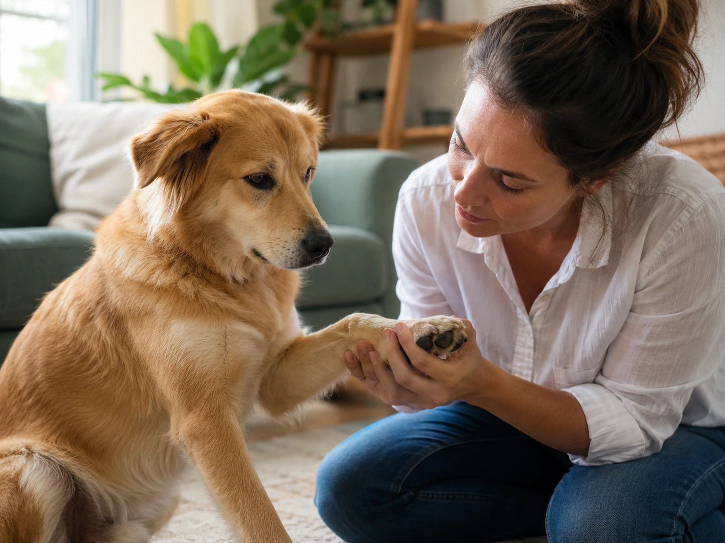 Owner gently checking a dog paw while the calm dog sits at home