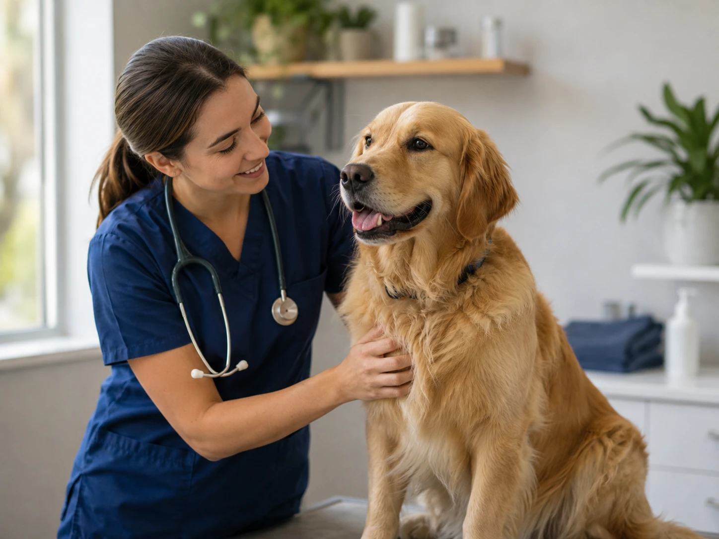A veterinarian gently examining a calm dog during a wellness visit