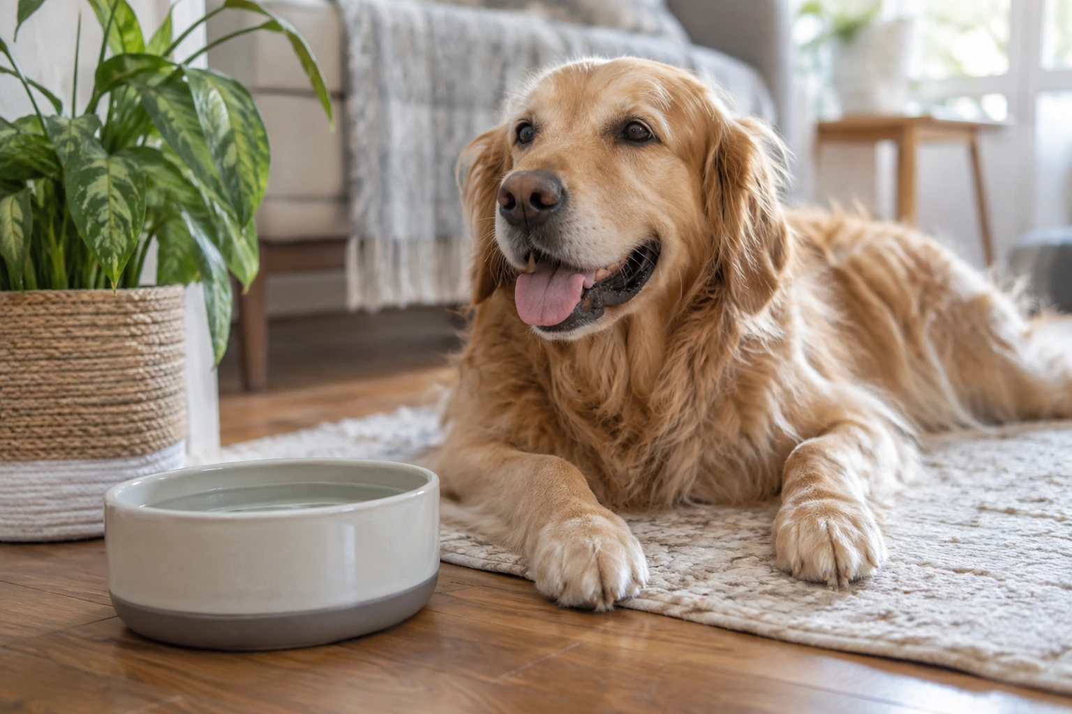 Dog resting beside a fresh water bowl in a calm home setting