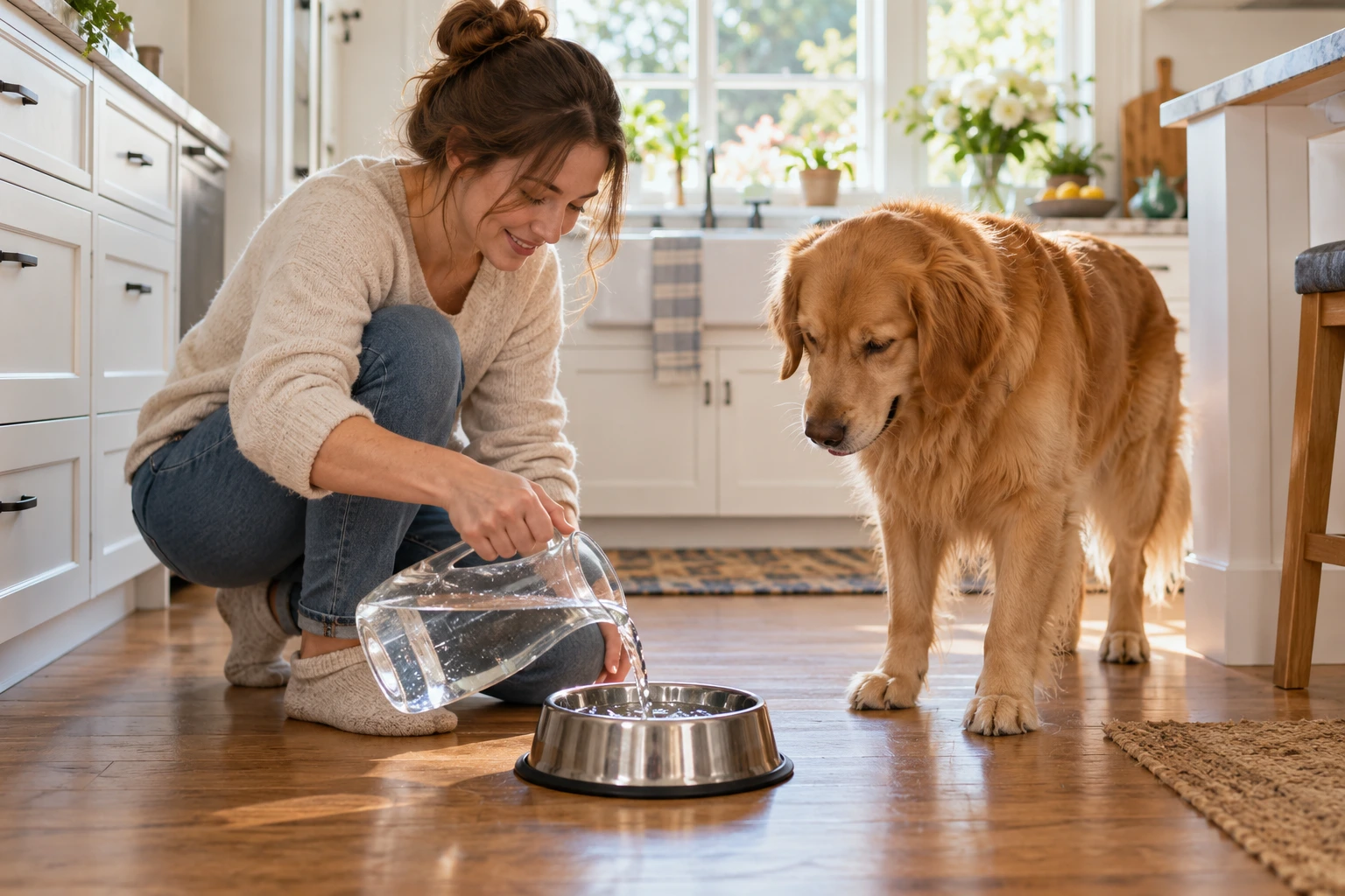Owner refreshing a dog water bowl while the dog watches nearby