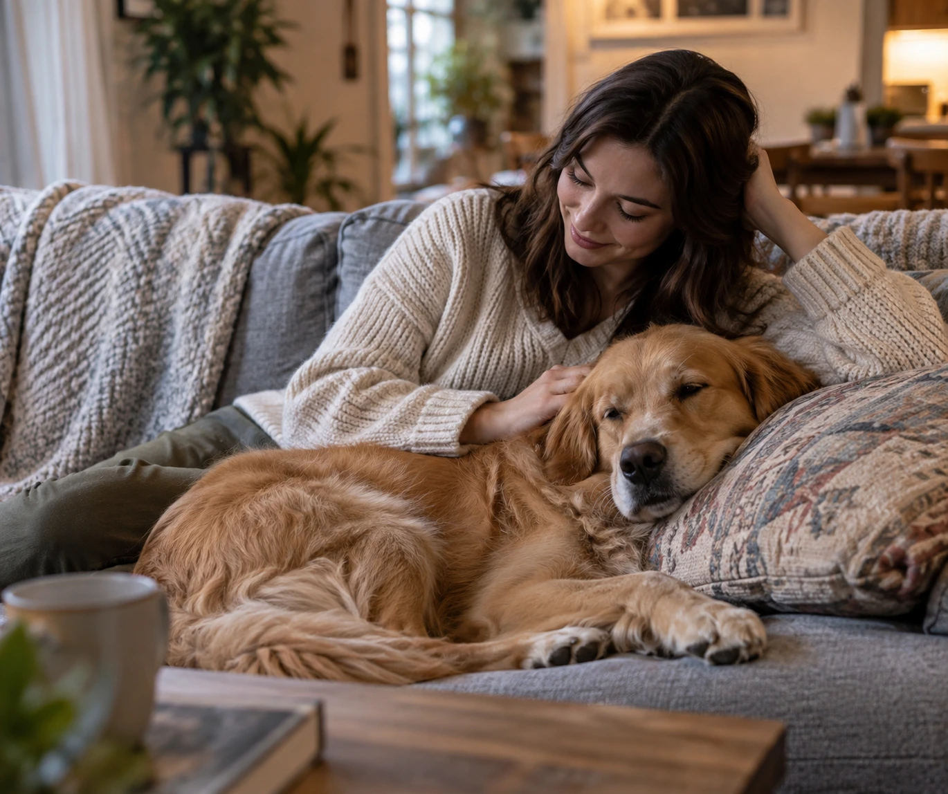 Dog resting near a family member while showing a calm but concerned expression
