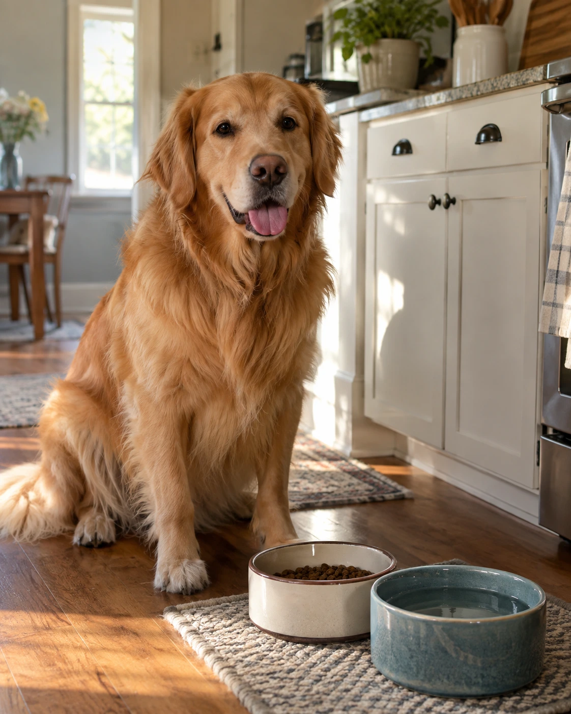 Dog near food and water bowls during a normal home routine