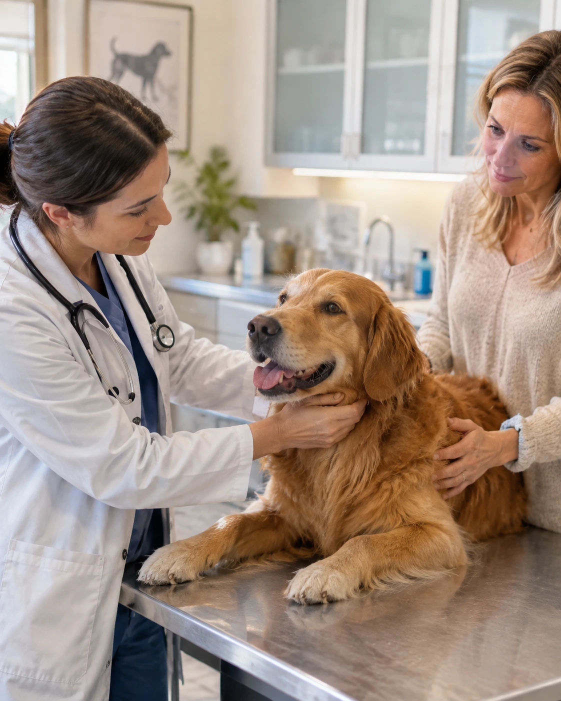 Veterinarian examining a dog while the owner watches