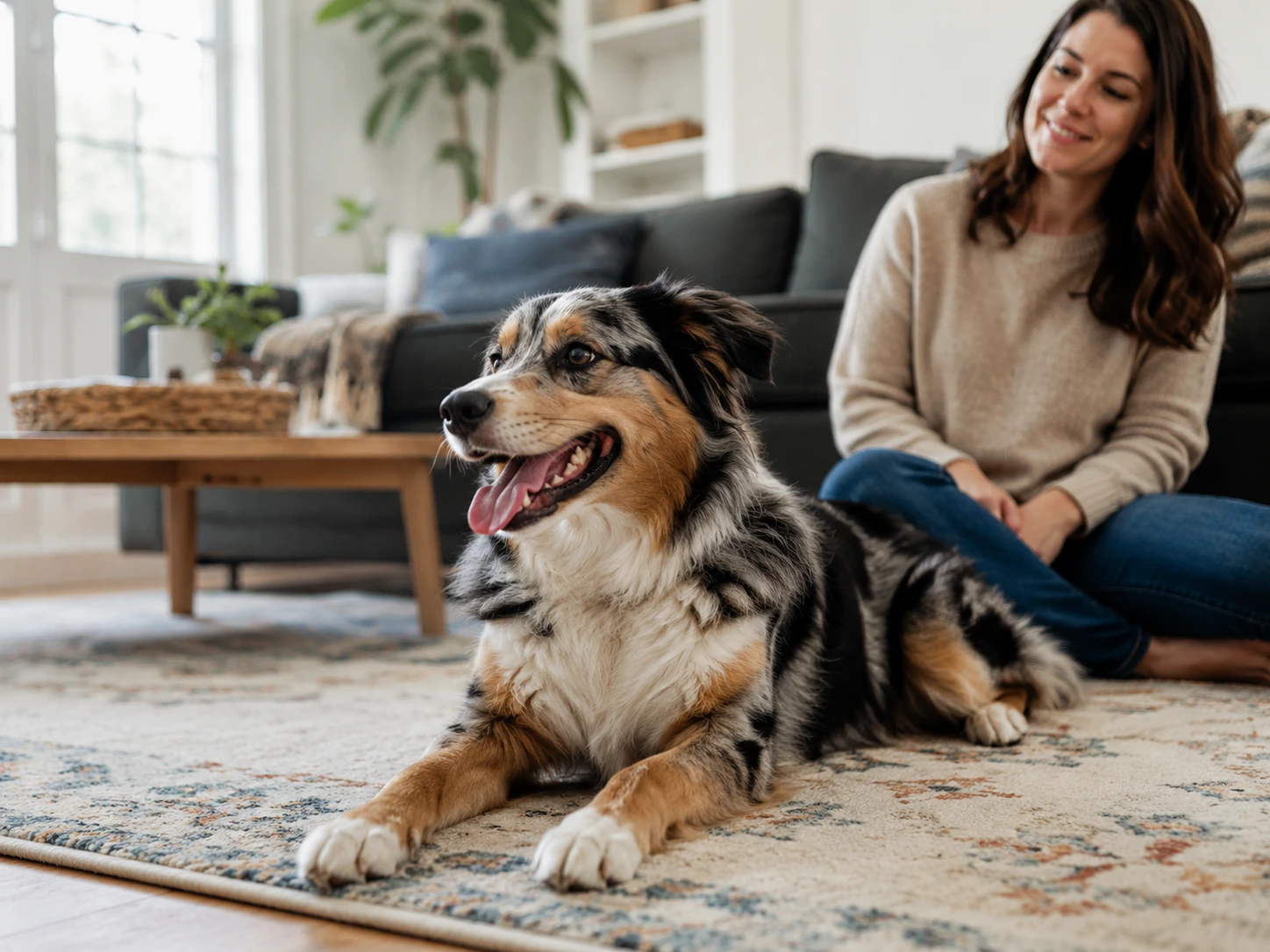 Relaxed dog resting indoors with mouth open and lightly panting