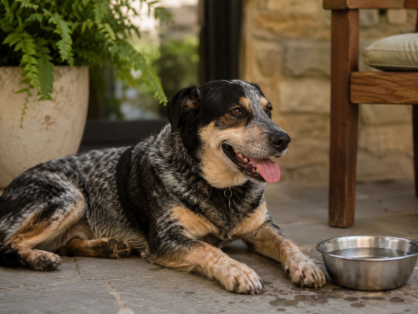 Dog resting in the shade and cooling down after a walk