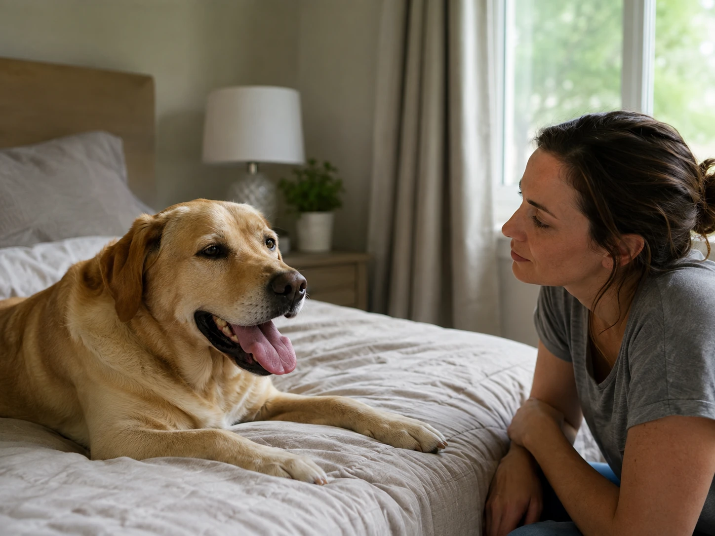 Dog lying on a bed while panting at rest
