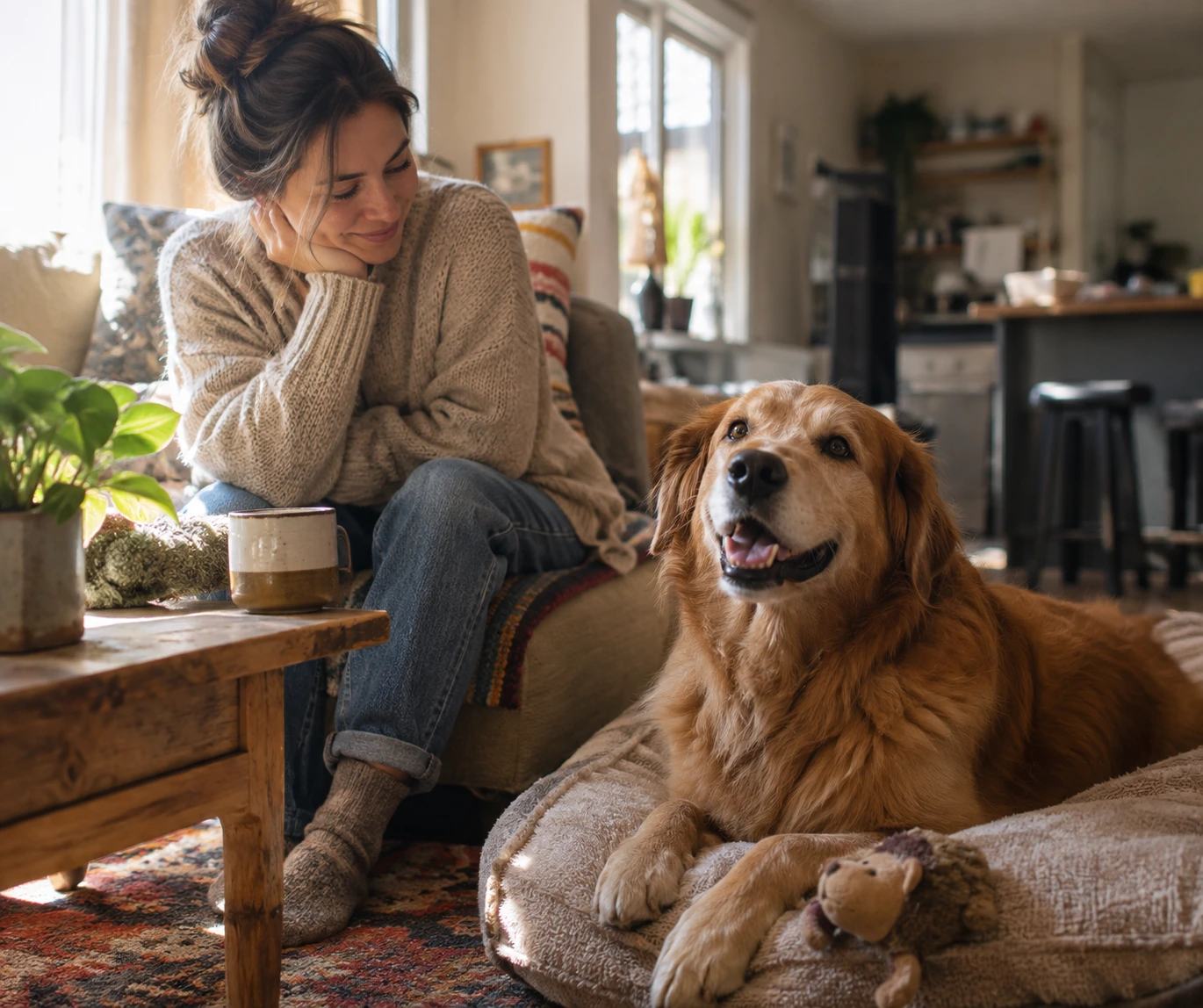Dog sitting calmly at home after a brief reverse sneezing episode