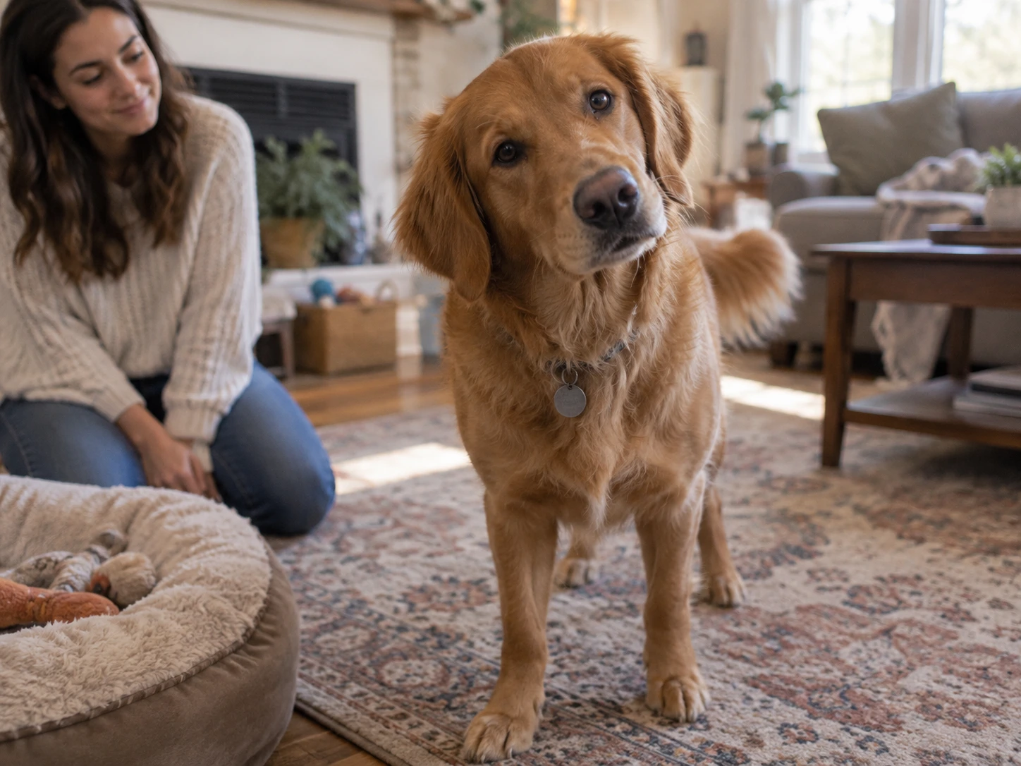 Dog being calmly observed by an owner at home
