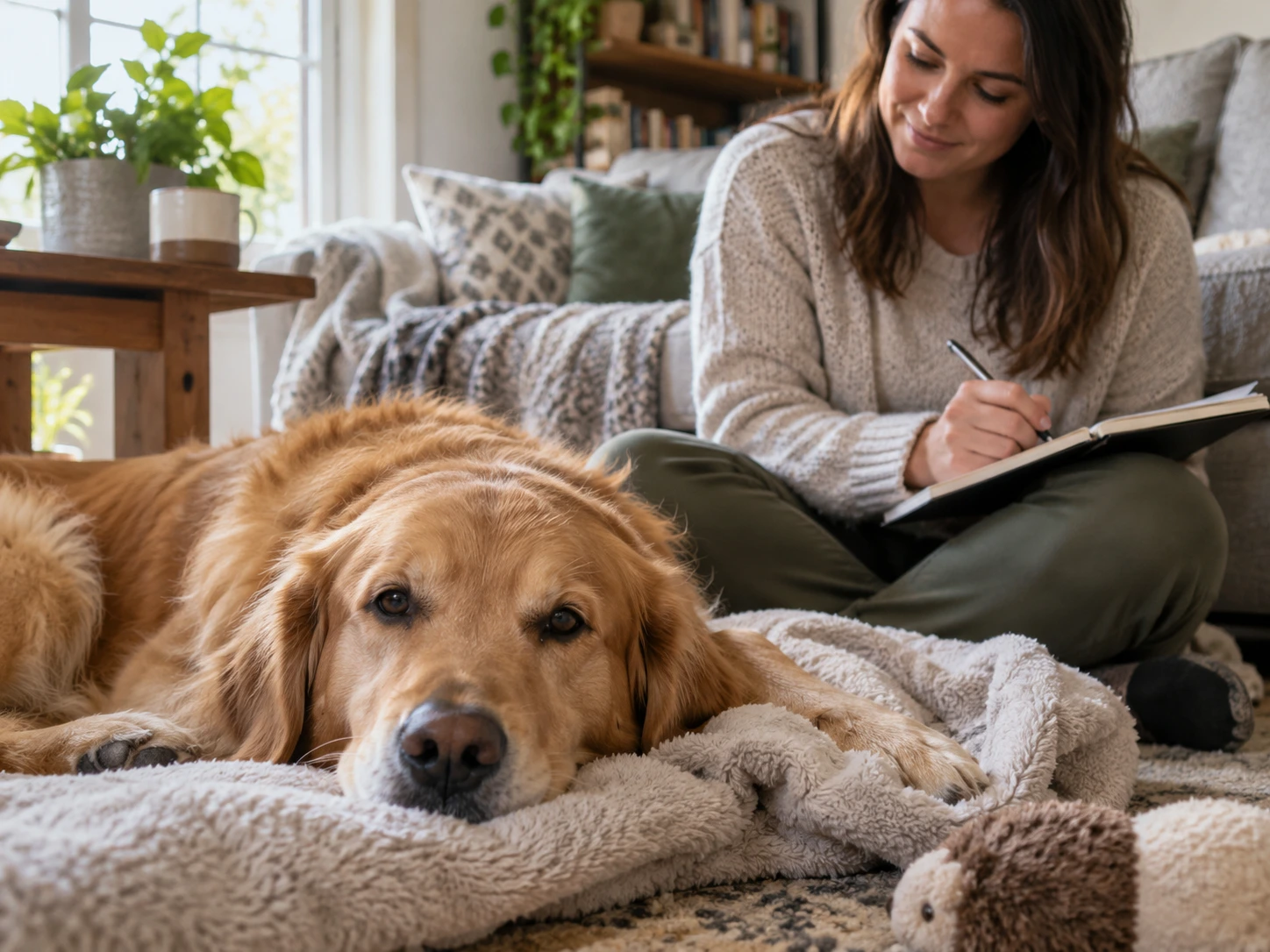 Owner observing a resting dog at home