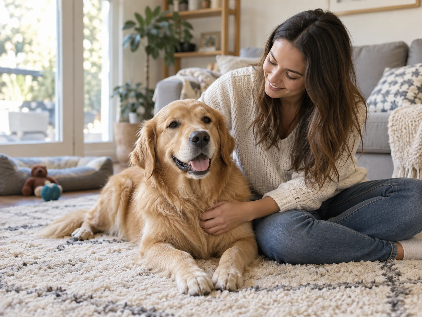 Dog sitting comfortably on a clean rug while its owner watches nearby