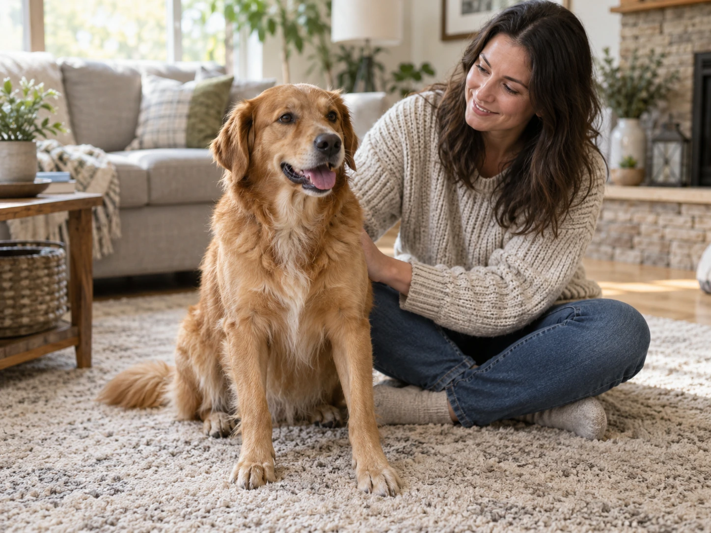 Dog sitting on a rug while its owner pays attention to its behavior