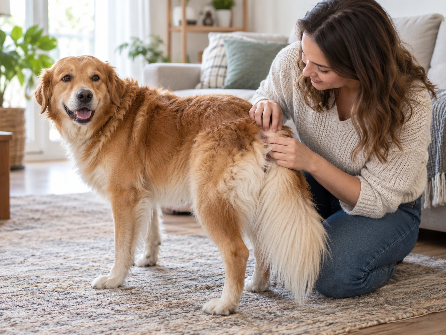 Owner gently observing the fur around a calm dog's hindquarters