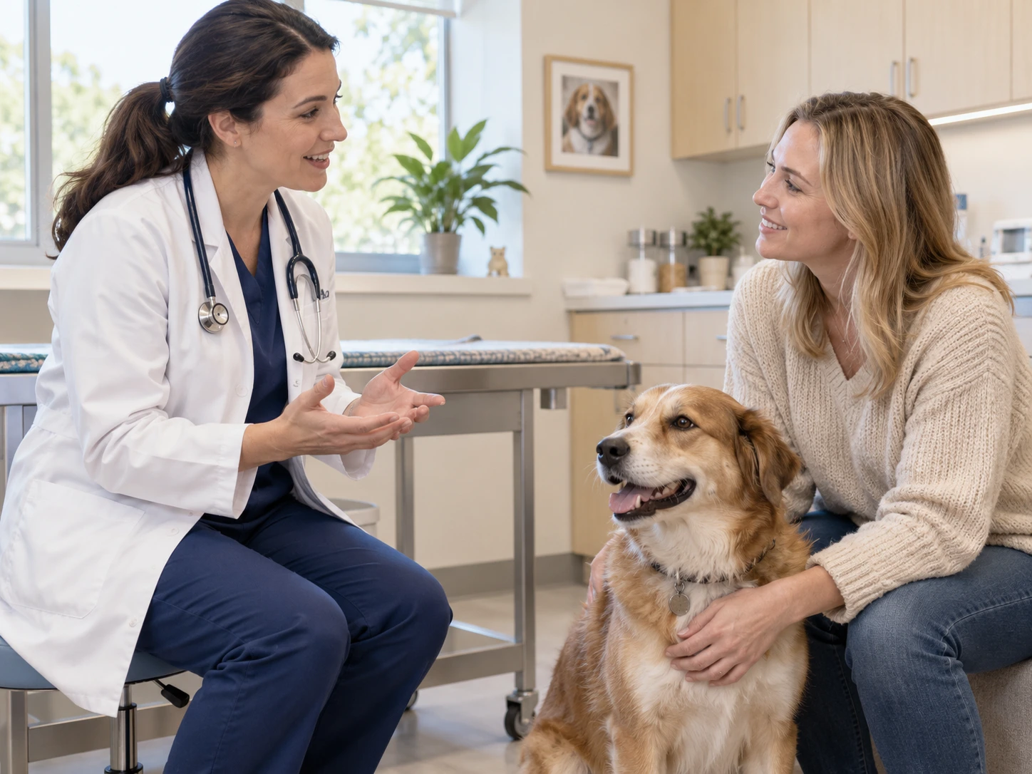 Dog and owner speaking with a veterinarian in an examination room
