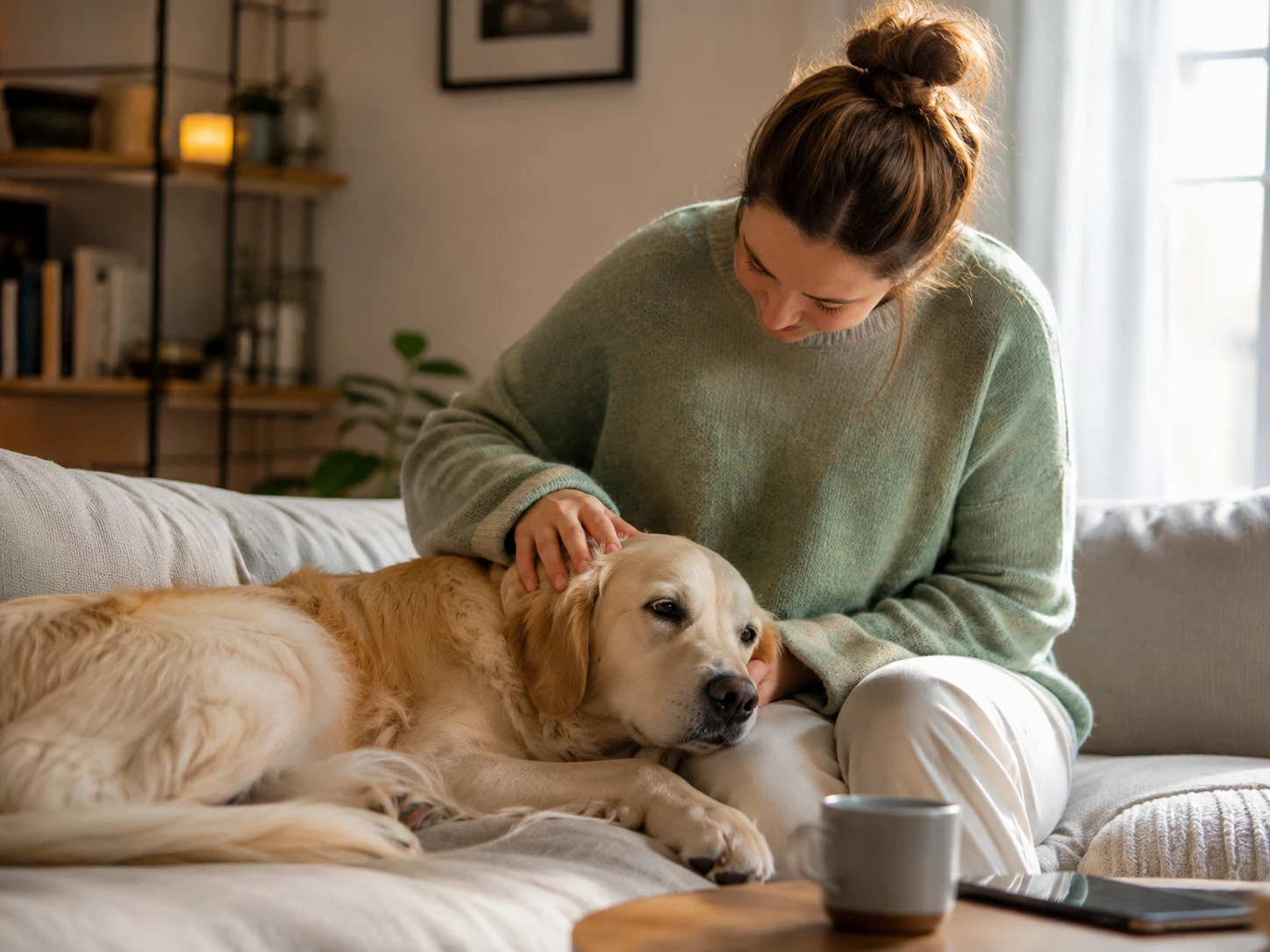 Dog resting calmly beside an owner while showing mild trembling