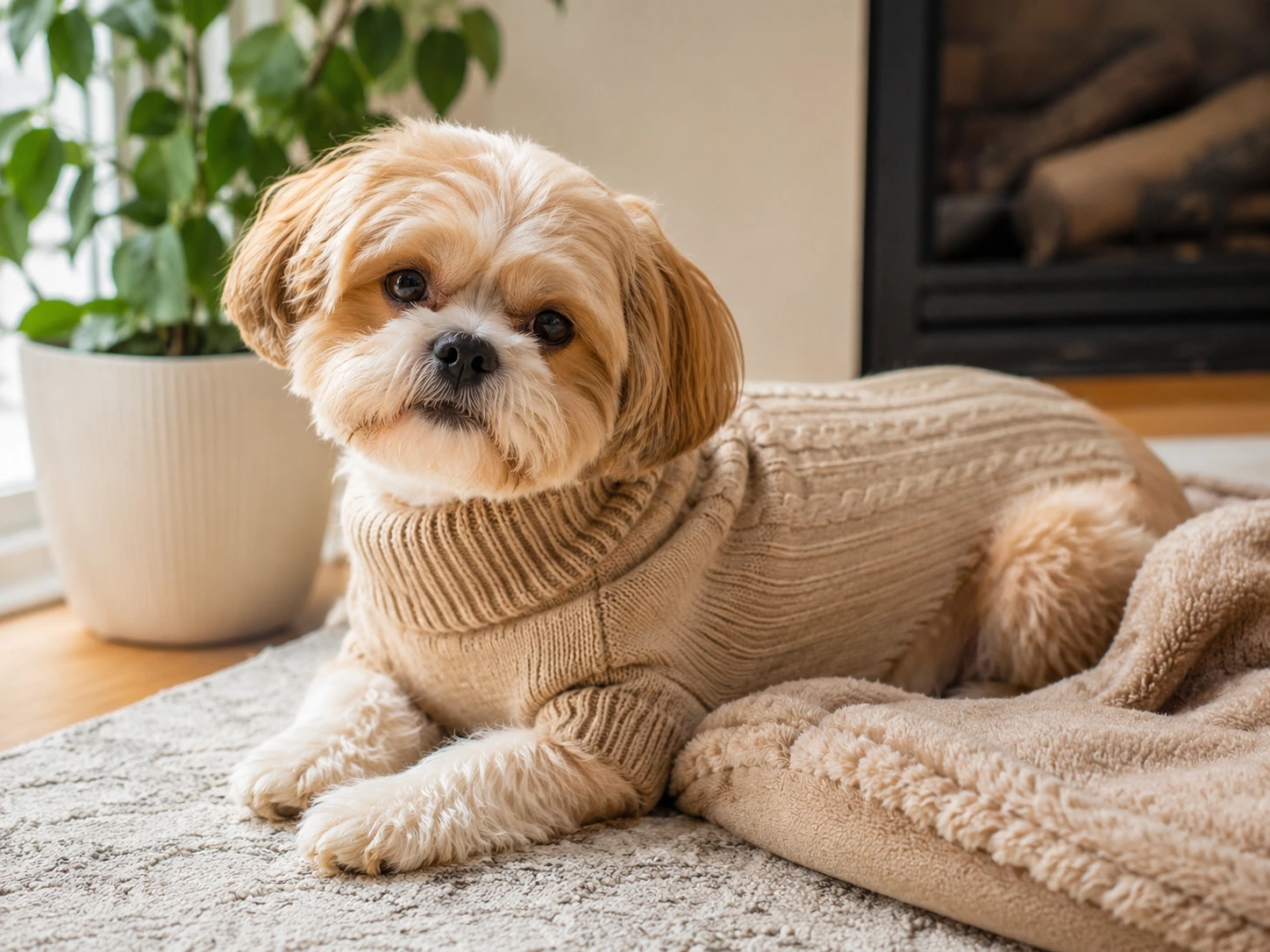 Small dog resting comfortably in a warm indoor space