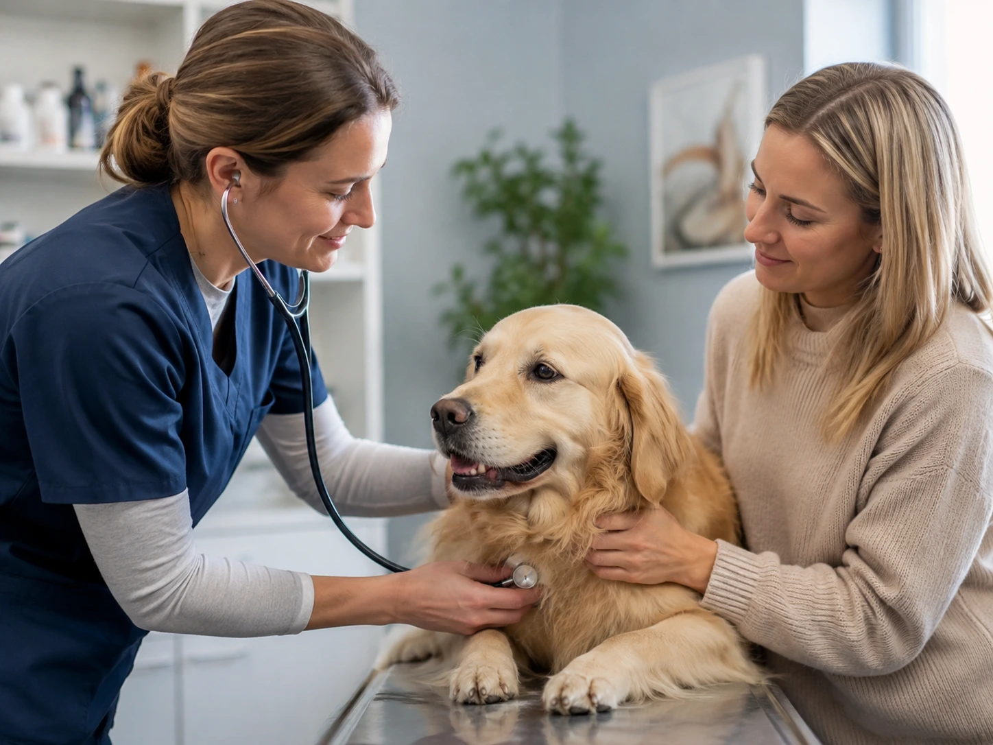 Veterinarian examining a dog with the owner present