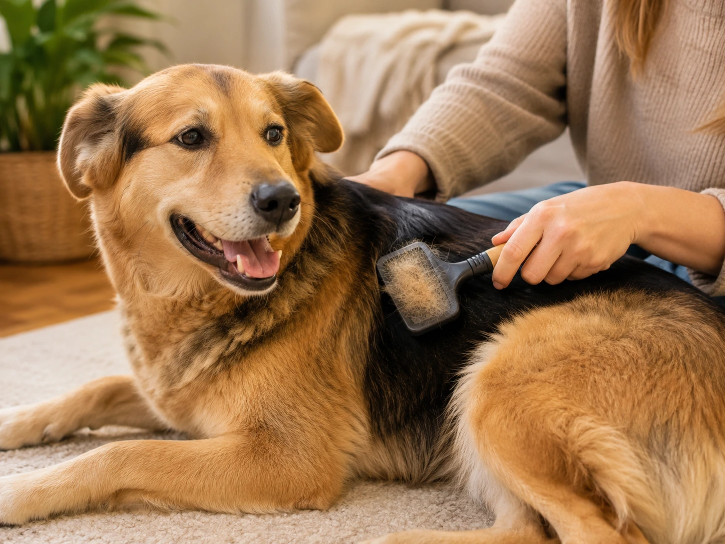 A relaxed dog being gently brushed while loose fur collects on a grooming brush