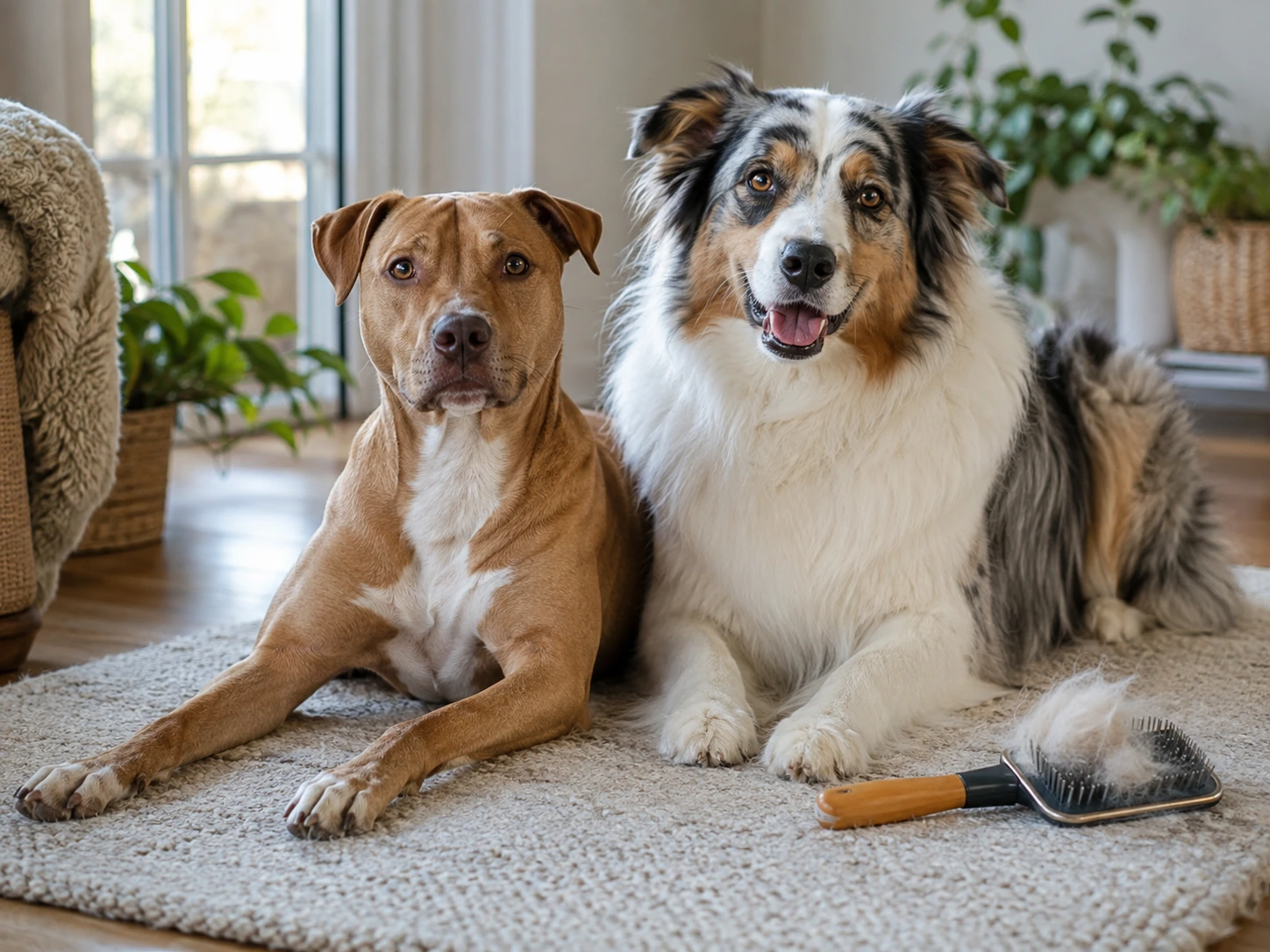 Two dogs with different coat types showing how normal shedding can vary between individuals