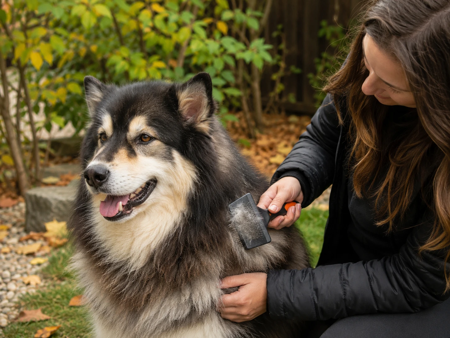 A double-coated dog being brushed during a period of heavier seasonal shedding