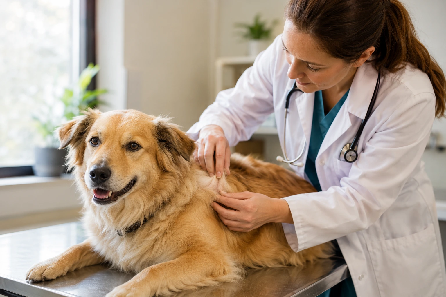A veterinarian gently examining a dog's skin and coat for changes associated with increased hair loss