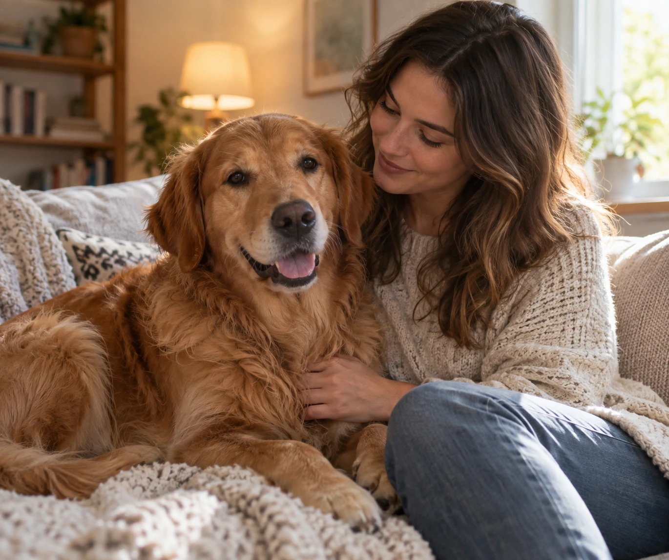 Dog sitting calmly beside an owner while showing a curious expression