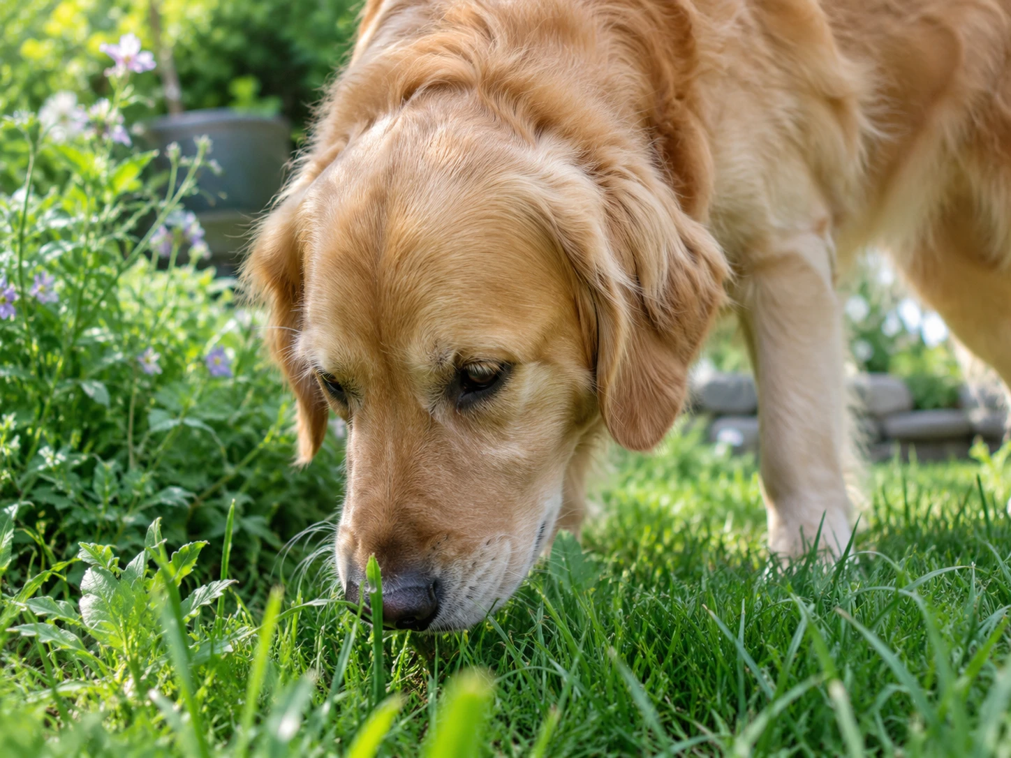 Dog exploring grass outdoors with its nose close to the ground