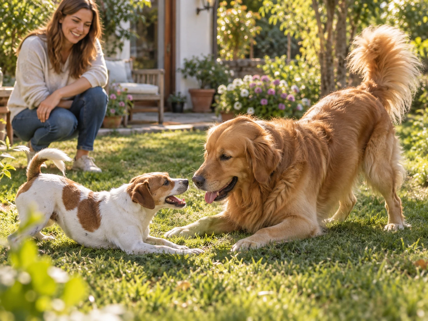 Two dogs playing together outdoors while an owner watches