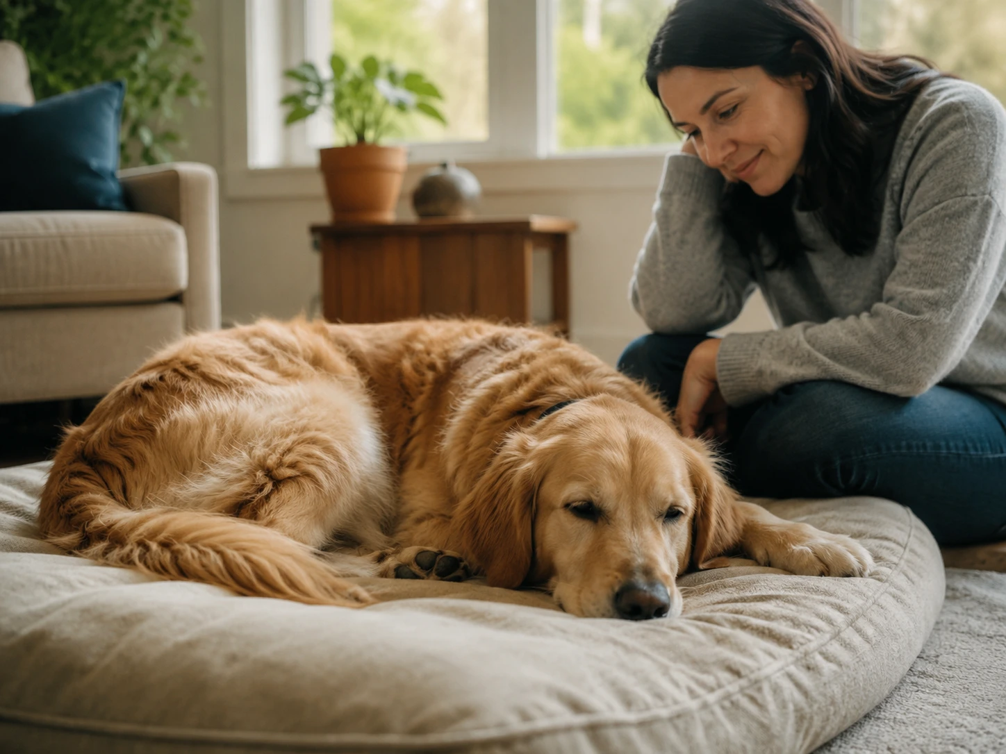 Dog resting calmly at home while an owner observes their health