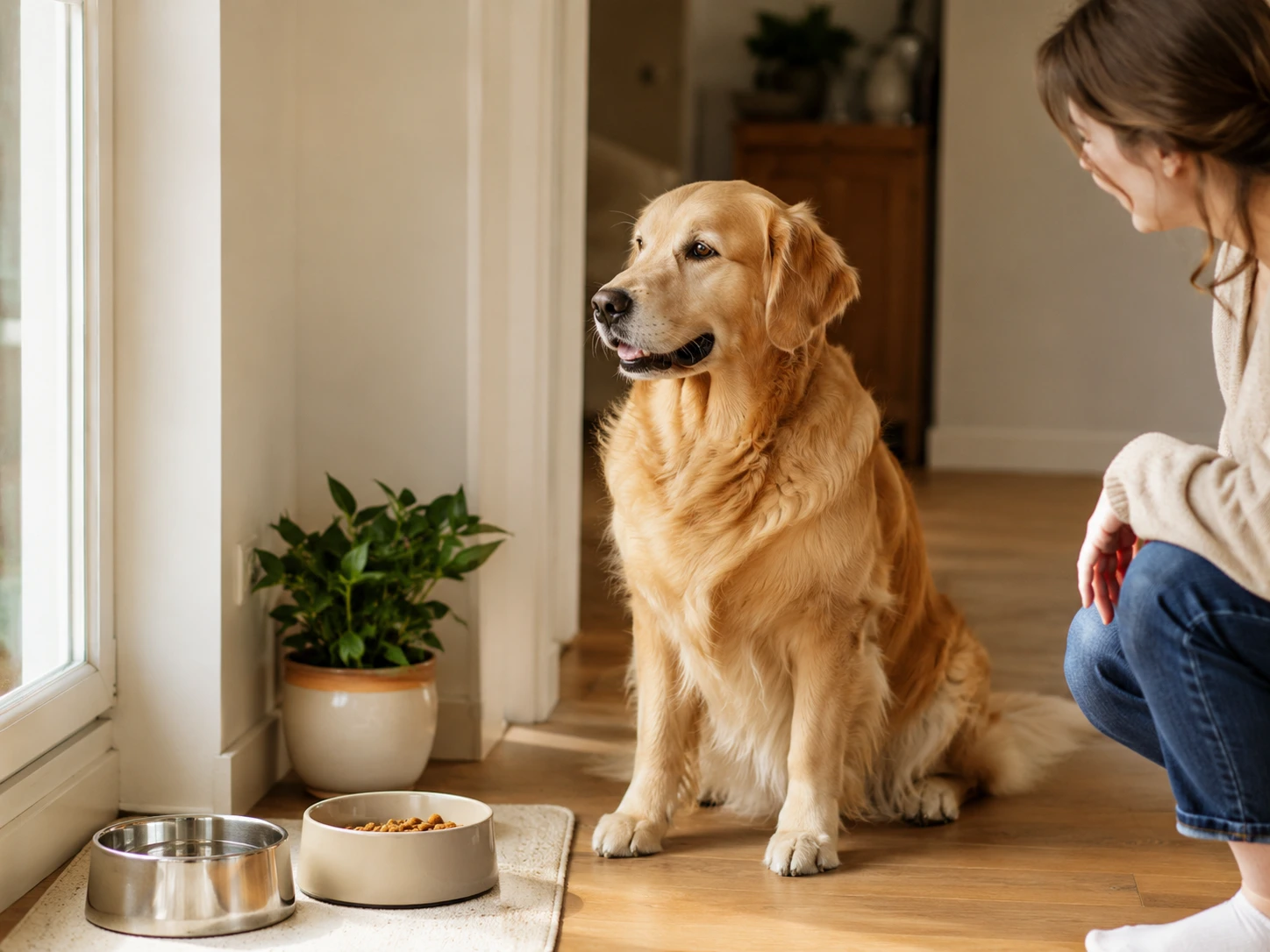 Dog near food and water area while owner monitors routine