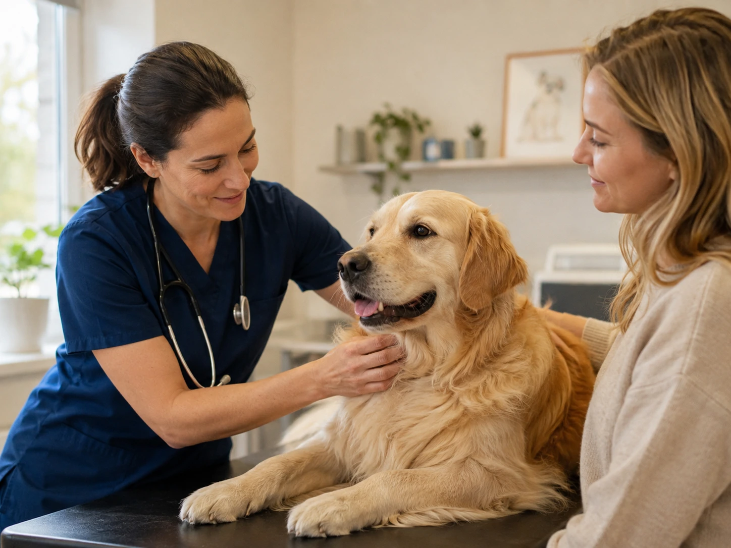 Veterinarian examining a dog while owner observes