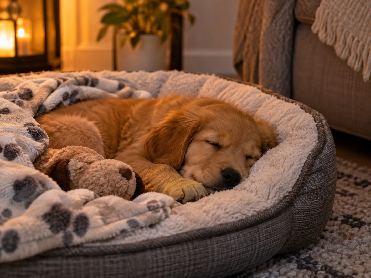Young puppy resting comfortably in a cosy bed beside a calm home environment