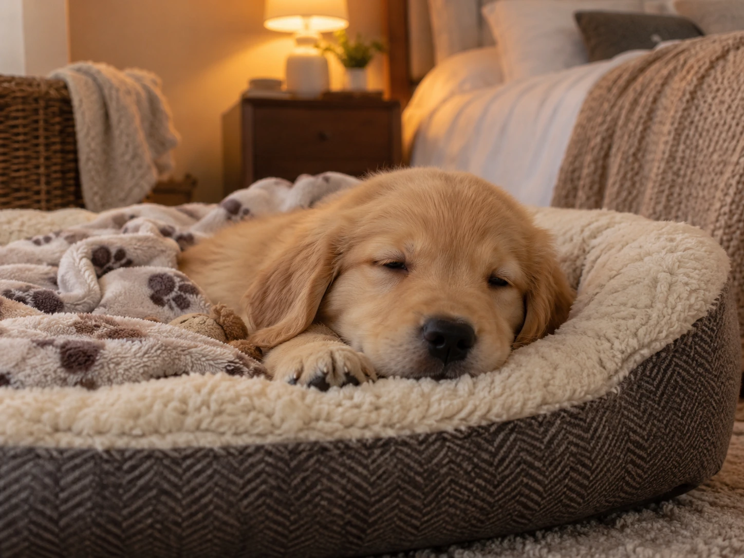 Puppy waking up calmly in a comfortable sleeping area