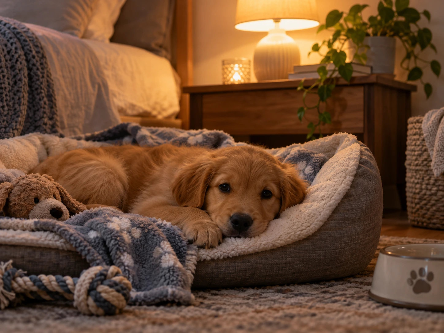 Puppy resting in a calm bedtime environment