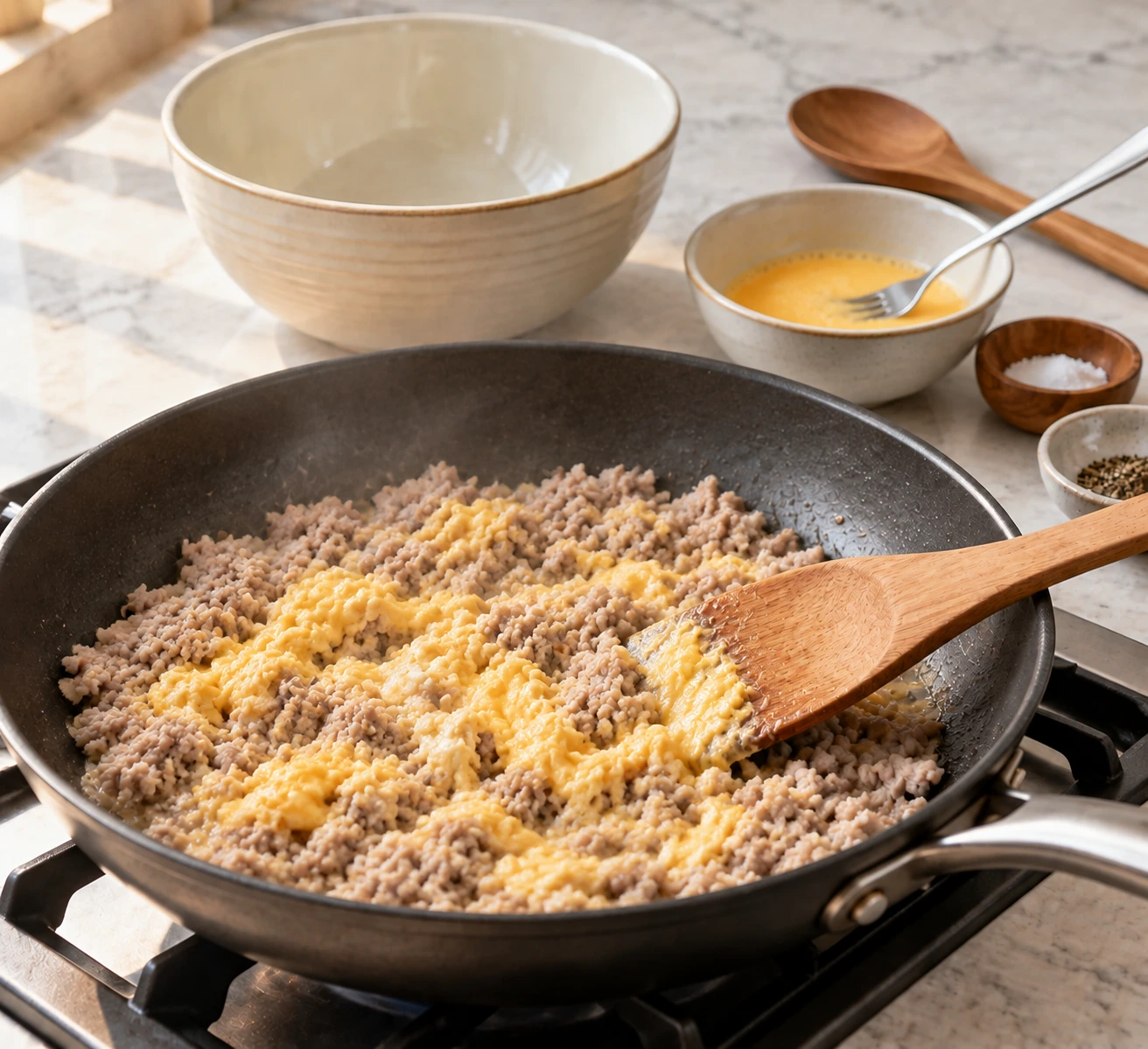 Cats Pork and Egg Breakfast Crumble step 3