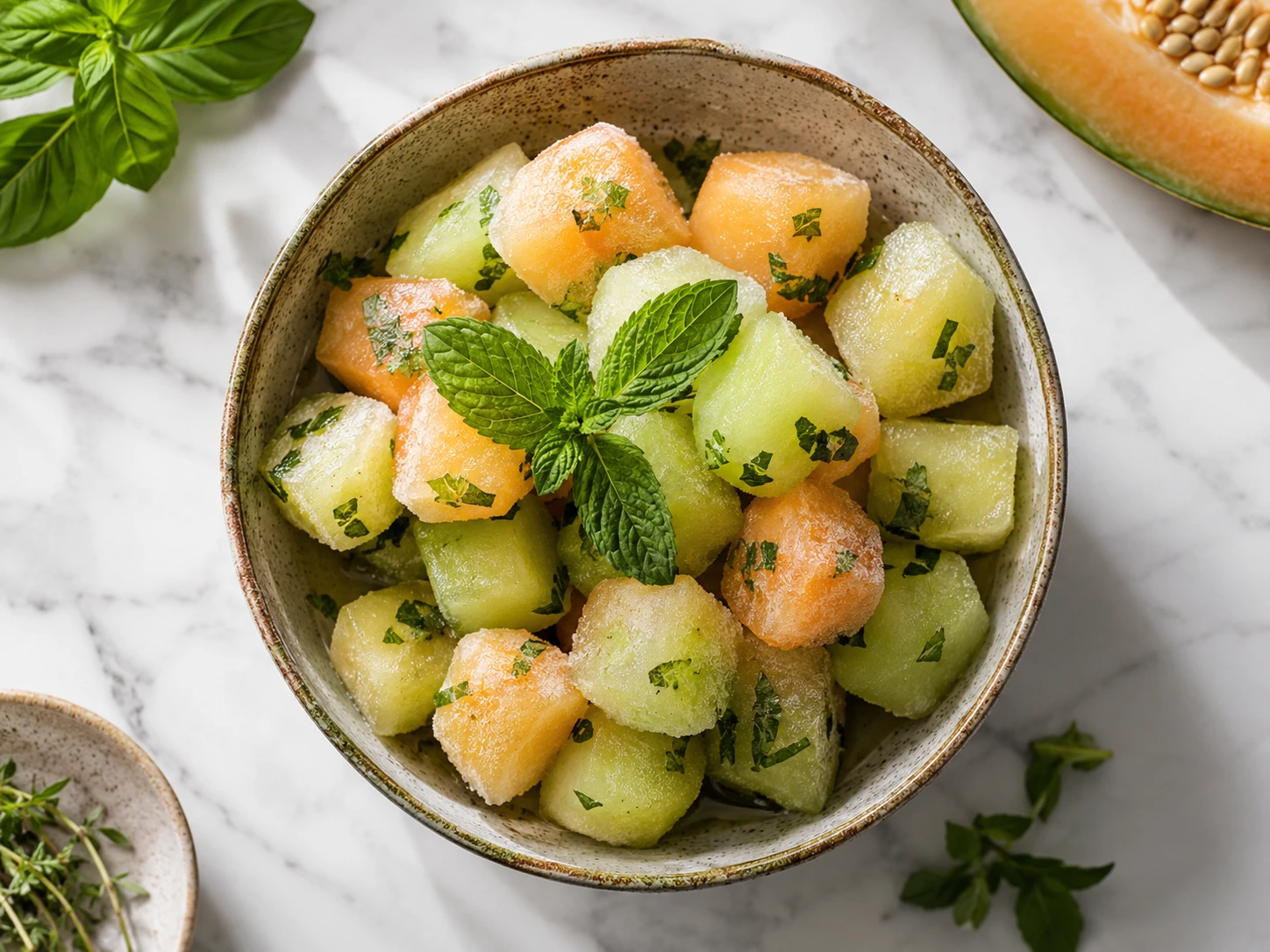 Cooling Frozen Melon & Fresh Herb Hydration Bites for Pets step 1