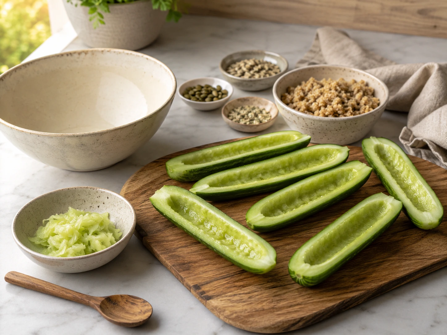 Herb and Seed Stuffed Cucumber Boats for Pet Birds step 1
