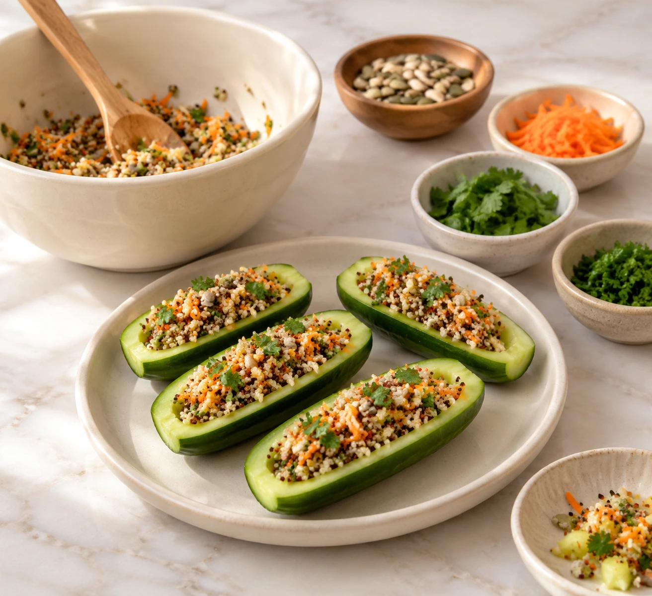 Herb and Seed Stuffed Cucumber Boats for Pet Birds