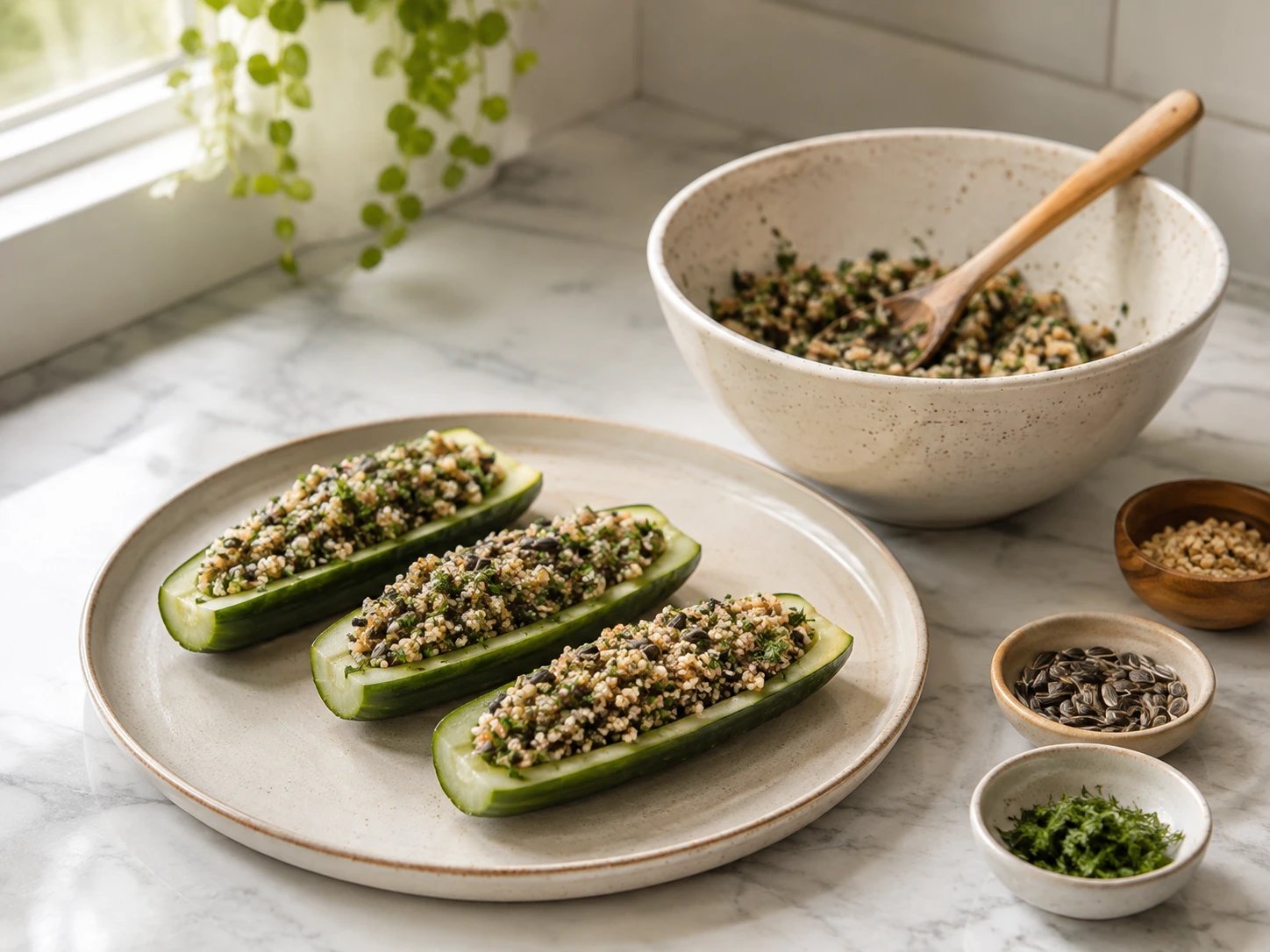 Herb and Seed Stuffed Cucumber Boats for Pet Birds step 5