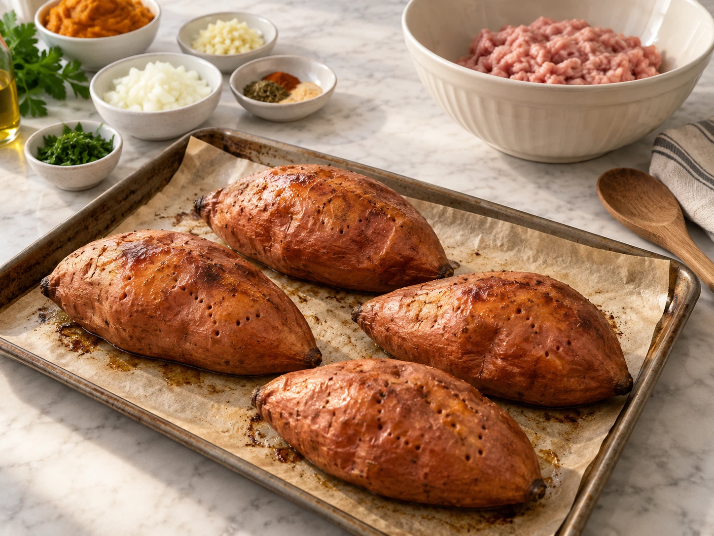 Turkey and Pumpkin Stuffed Sweet Potato Boats for Dogs step 1