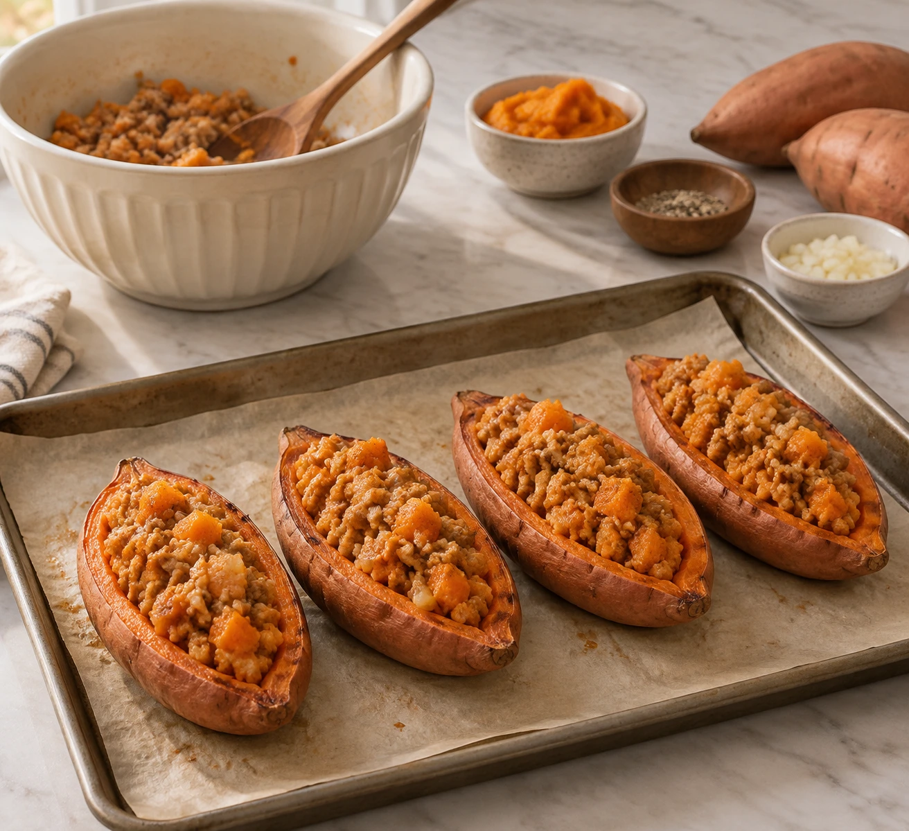Turkey and Pumpkin Stuffed Sweet Potato Boats for Dogs